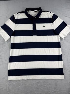 Lacoste Sport Men's L Navy Blue White Striped Performance Polo Shirt Collared